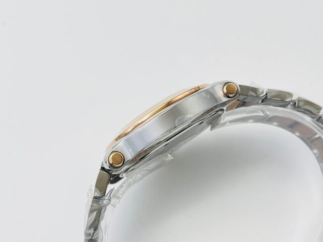 YF factory top-tier replica watch ChopardHAPYDIAMONDS series ladies indirect rose golddial watch with diamonds side view