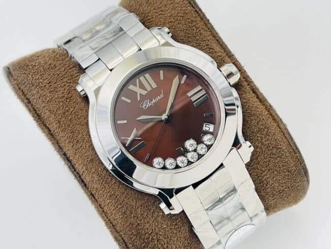 YF Factory top replica watch Chopard Happy Diamonds series white steel red bottom diamond ladies wristwatch front view