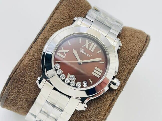 YF Factory top replica watch Chopard Happy Diamonds series white steel red bottom diamond ladies wristwatch front view