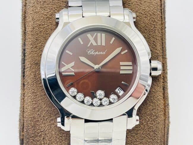 YF Factory top replica watch Chopard Happy Diamonds series white steel red bottom diamond ladies wristwatch front view