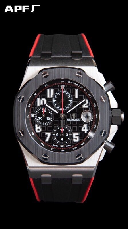 top-tiersuper cloneAPFblack dialAudemars PiguetRoyal Oak Offshore 26470 watch front view