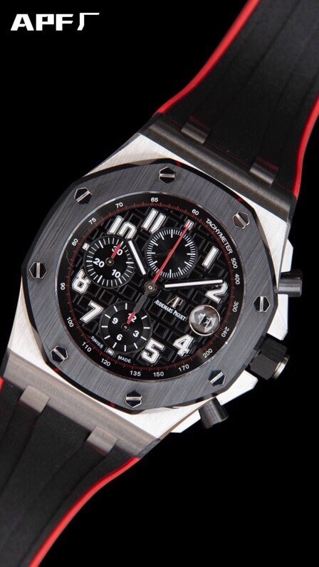 top-tiersuper cloneAPFblack dialAudemars PiguetRoyal Oak Offshore 26470 watch front view
