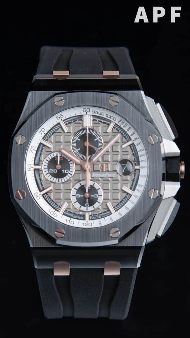 The high-quality replica APFblack dial Audemars PiguetRoyal Oak gray dial offshore 26400 watch from a major manufacturer is the ultimate watch to eliminate false front views at a glance.