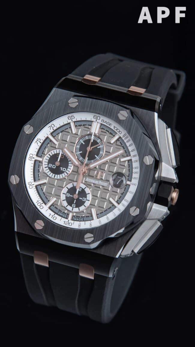 The high-quality replica APFblack dial Audemars PiguetRoyal Oak gray dial offshore 26400 watch from a major manufacturer is the ultimate watch to eliminate false front views at a glance.
