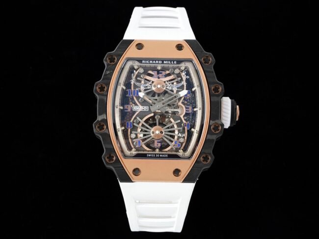 Richard Mille RM 21-01 Tourbillon squelette en forme de tonneau en carbone TPT pour homme avec indicateur de réserve de marche et bracelet en caoutchouc blanc — luxury replica watch guide | Watch Replica Expert