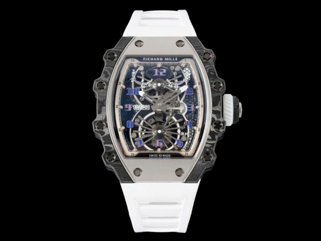 Relógio esqueleto masculino Richard Mille RM 21-01 turbilhão aerodinâmico em fibra de carbono resistente ao desgaste com pulseira de borracha branca — luxury replica watch guide | Watch Replica Expert