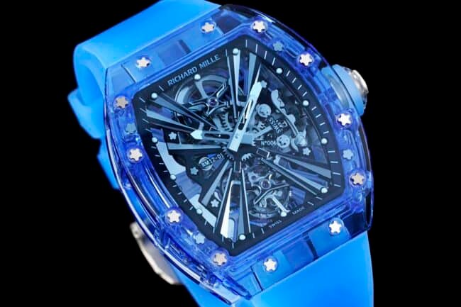 The extraordinary sports quality RM12-01 tourbillons apphire crystal transparent version reproduced by the high-quality replica Richard Milleblue dial from the famous manufacturer, front view