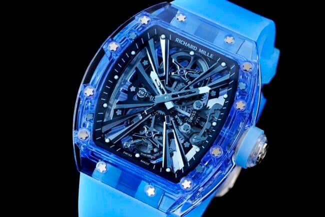 The extraordinary sports quality RM12-01 tourbillons apphire crystal transparent version reproduced by the high-quality replica Richard Milleblue dial from the famous manufacturer, front view