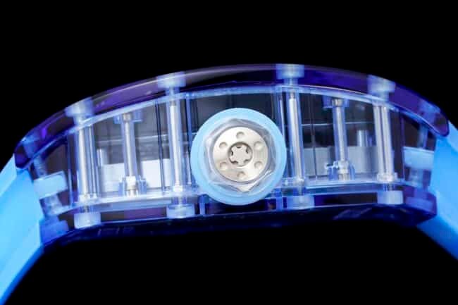 The extraordinary sports quality reproduced by the high-quality replica Richard Mille blue dial from the famous manufacturer RM12-01 tourbillons apphire crystal transparent version side view
