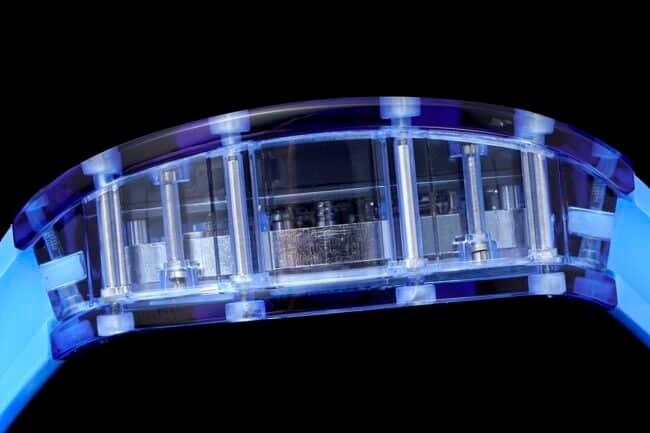The extraordinary sports quality reproduced by the high-quality replica Richard Mille blue dial from the famous manufacturer RM12-01 tourbillons apphire crystal transparent version side view