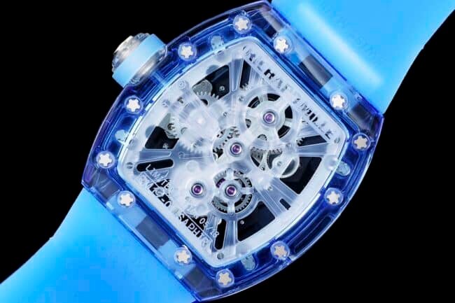 The extraordinary movement quality RM12-01 tourbillons apphire crystal transparent version movement picture reproduced by the high-quality replica Richard Milleblue dial from the famous manufacturer