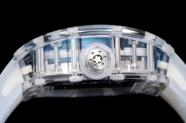 Top-tier replica Richard Mille white dial shock release. RM 053-02 Polo Tourbillon latest masterpiece, the hottest replica tourbillon watch, side view.