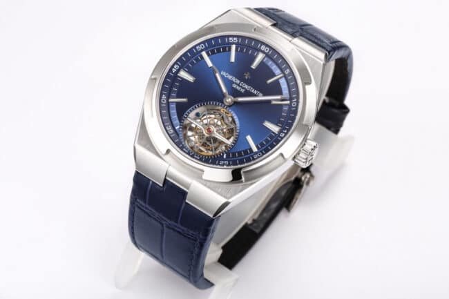 Top replica BBR Vacheron Constantin Overseas tourbillon, peak appearance, king of steel watches, blue dial, front view
