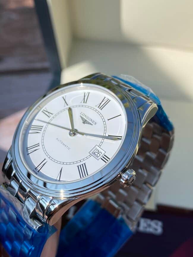 Longines Master Collection Swiss Engraved Movement Centennial Classic White Steel Couple's Watch Front View