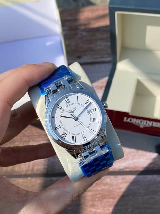 Longines Master Collection Swiss Engraved Movement Centennial Classic White Steel Couple's Watch Front View