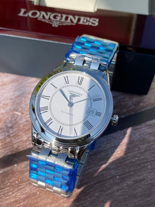 Longines Master Collection Swiss Engraved Movement Centennial Classic White Steel Couple's Watch Front View