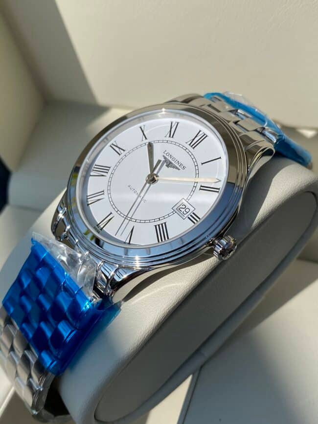 Longines Master Collection Swiss Engraved Movement Centennial Classic White Steel Couple's Watch Front View