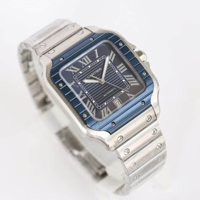 Cartierblue dial new GF Santos rubber strap men's watch front view