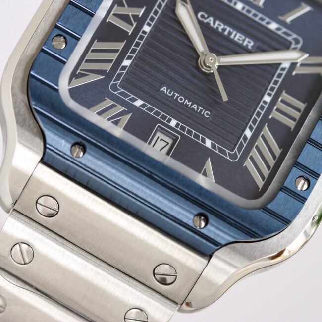 Cartierblue dial new GF Santos rubber strap men's watch detail shots