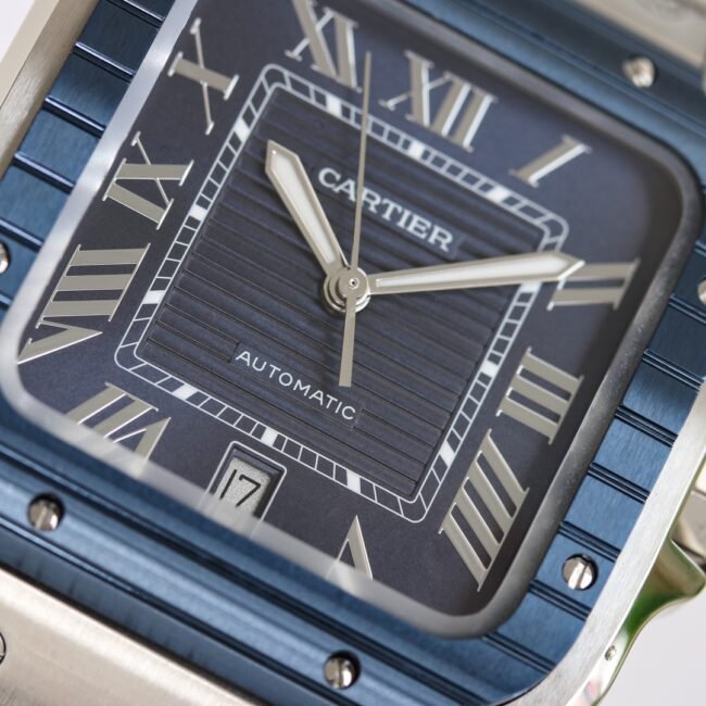 Cartierblue dial new GF Santos rubber strap men's watch detail shots