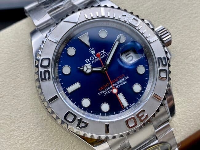 top-tier replicaC factory Rolex blue dial yacht series 3235 movement 904 stainless steel watch front view