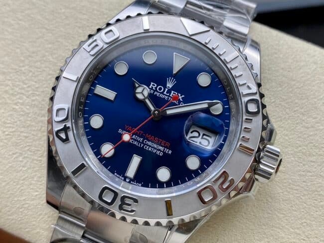 top-tier replicaC factory Rolex blue dial yacht series 3235 movement 904 stainless steel watch front view