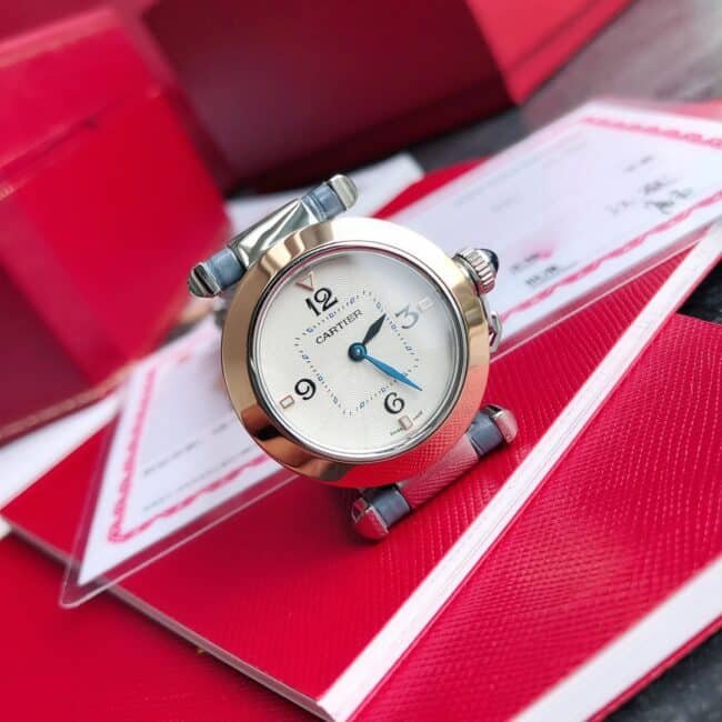 top-tier replica Cartier model 3 blue gold ladies watch front view