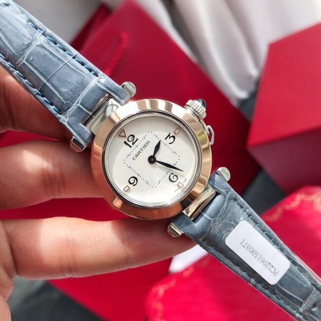 top-tier replica Cartier model 3 blue gold ladies watch front view
