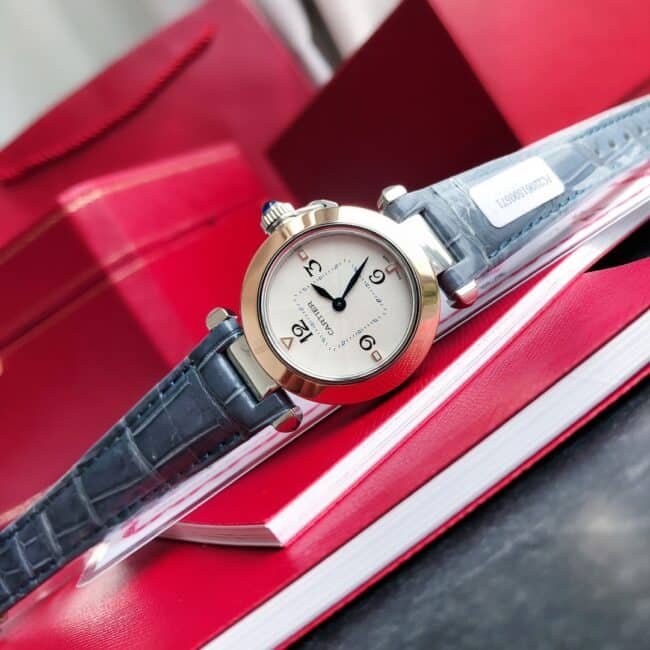 top-tier replica Cartier model 3 blue gold ladies watch front view
