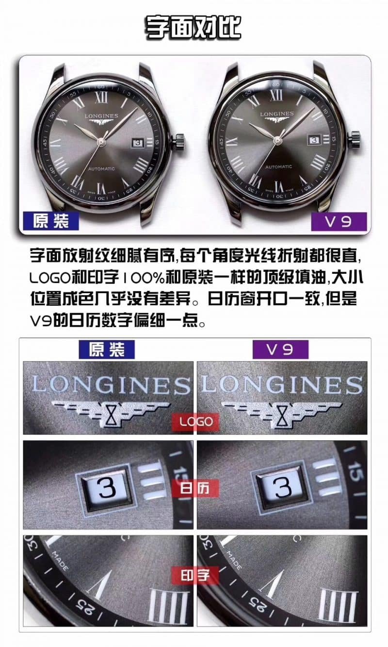 V9Longines famous craftsman series L2.793.4.71.6replica watch genuine and fake comparison dialdetail shots