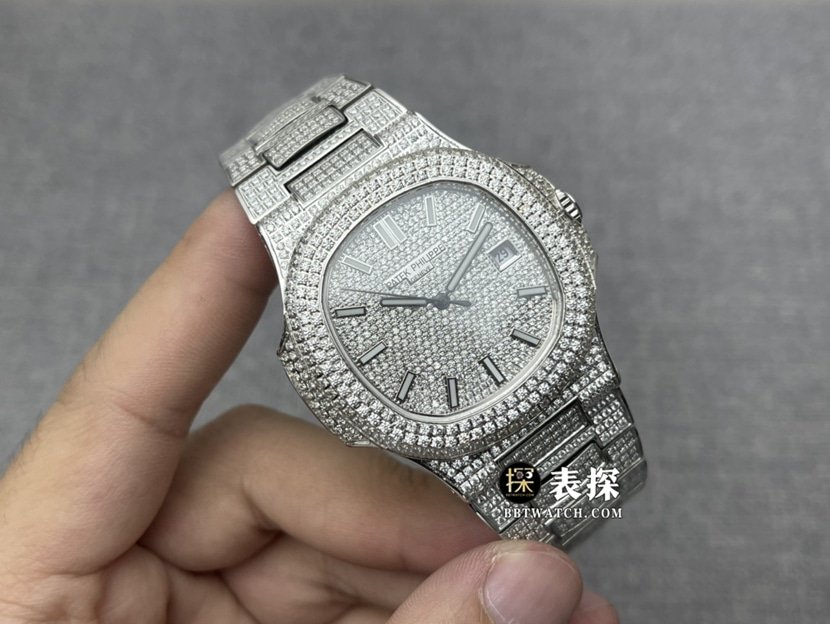 Patek Philippe super clone watch men's Nautilus full diamond steel bracelet model pictures and prices front live photo