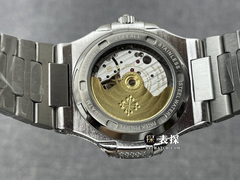 Patek Philippe super clone watch men's Nautilus full diamond steel bracelet model pictures and prices caseback live photo
