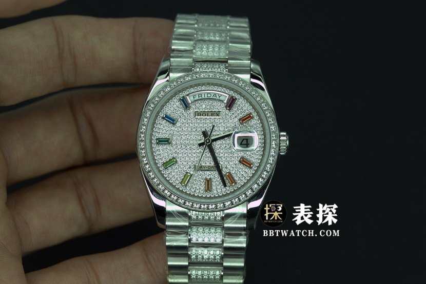 BP Factory Rolex Day-Date 1:1 Super A Replica Watch Full Diamond Dial Steel Band Model Photos and Price Front Real Shot Pictures