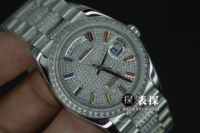 BP Factory Rolex Day-Date 1:1 Super A Replica Watch Full Diamond Dial Steel Band Model Photos and Price Front Real Shot Pictures
