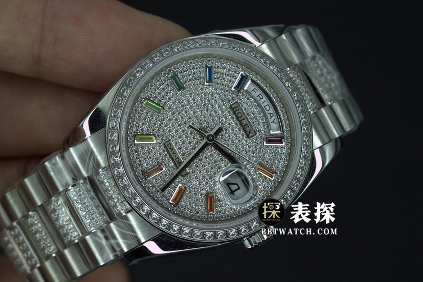 BP Factory Rolex Day-Date 1:1 Super A Replica Watch Full Diamond Dial Steel Band Model Photos and Price Front Real Shot Pictures