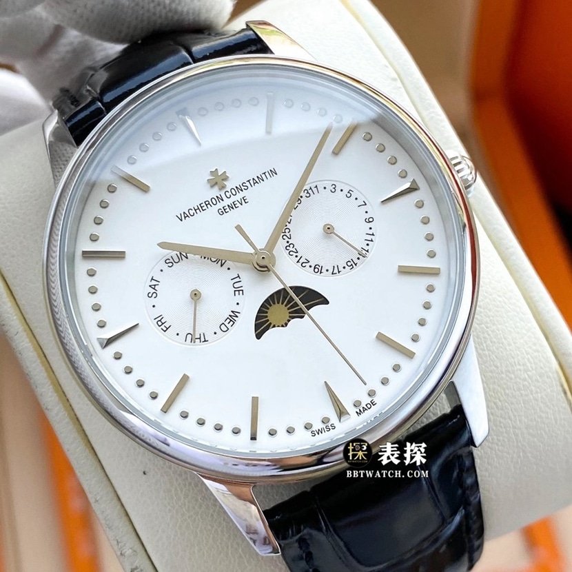 Vacheron Constantin Patrimony Top 1:1 Replica Watch Men's White Dial Moonphase Leather Strap Model Photos and Price Real Shot Pictures