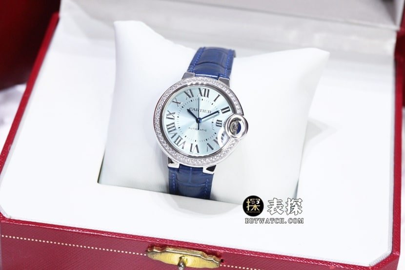 GTG factory Cartier blue balloon top-tier replica watch ladies blue dial diamond leather strap model pictures and prices front live photo