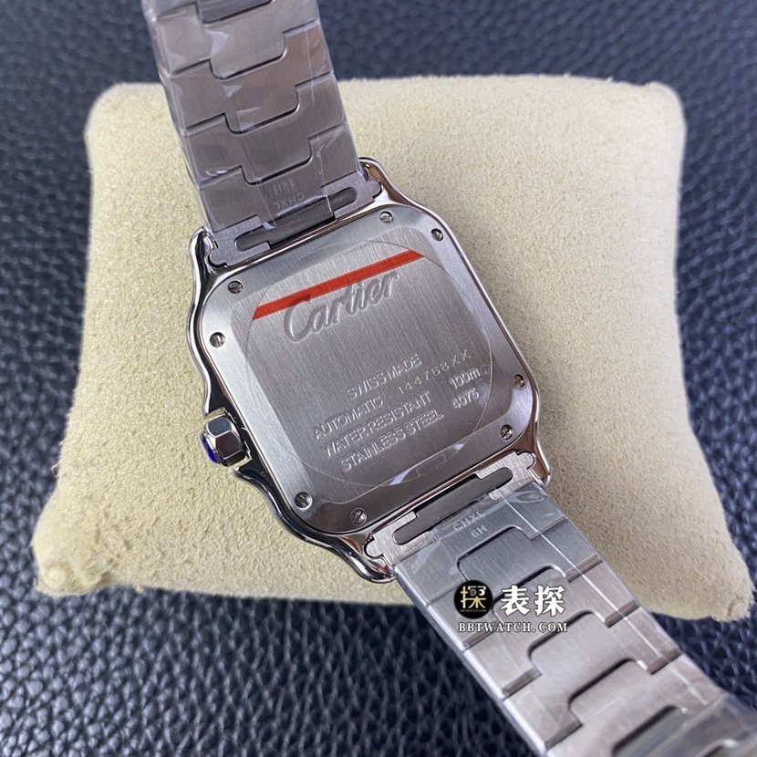 A8 factory Cartier Santos top-tier replica watch men's white dial diamond steel bracelet model pictures and prices caseback live photo