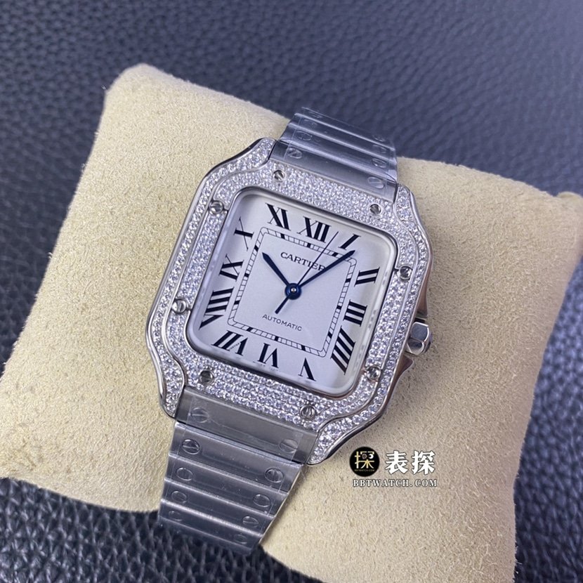 A8 factory Cartier Santos top-tier replica watch men's white dial diamond steel bracelet model pictures and prices front live photo
