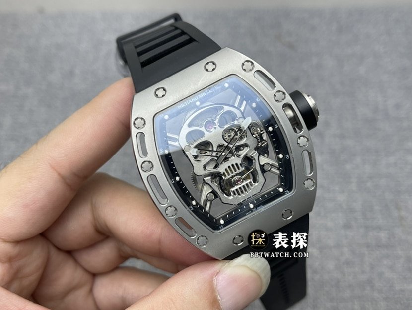 JB factory Richard Mille men's RM 52-01top-tier replica watch men's skull plate tourbillon rubber model pictures and prices front live photo