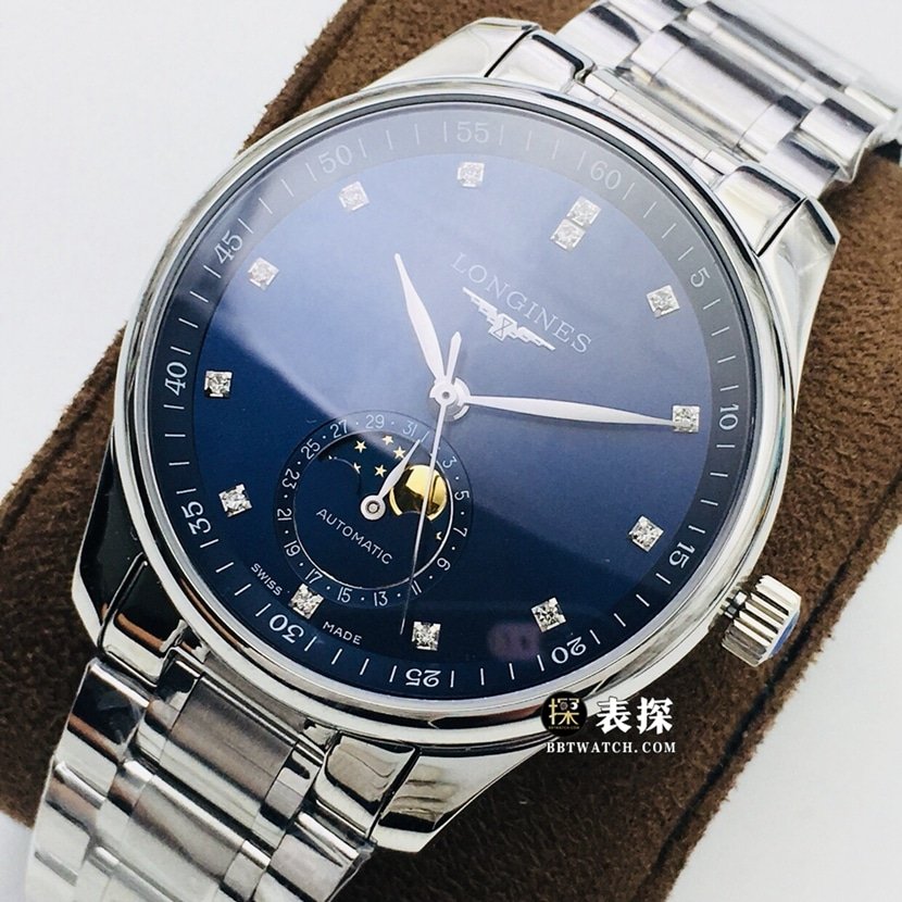 LG Longines watchmaking tradition 1:1 super A imitation watches men's blue disk moon phase steel strap models pictures and prices front real picture