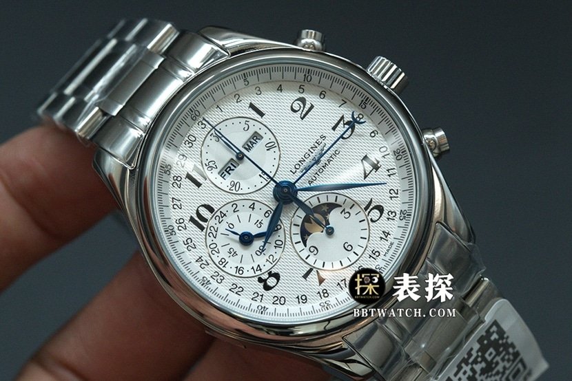 GS factory Longines famous craftsman eight-pin moon phasetop-tier replica watch white dial blue needle steel bracelet model picture and price front live photo