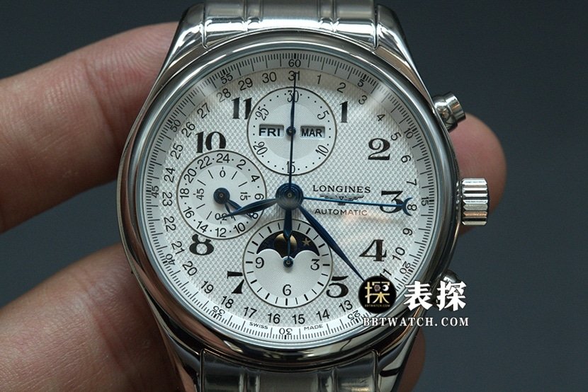 GS factory Longines famous craftsman eight-pin moon phasetop-tier replica watch white dial blue needle steel bracelet model picture and price front live photo