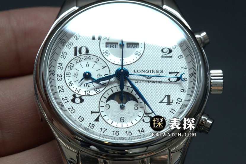 GS factory Longines famous craftsman eight-pin moon phasetop-tier replica watch white dial blue needle steel bracelet model picture and price front live photo