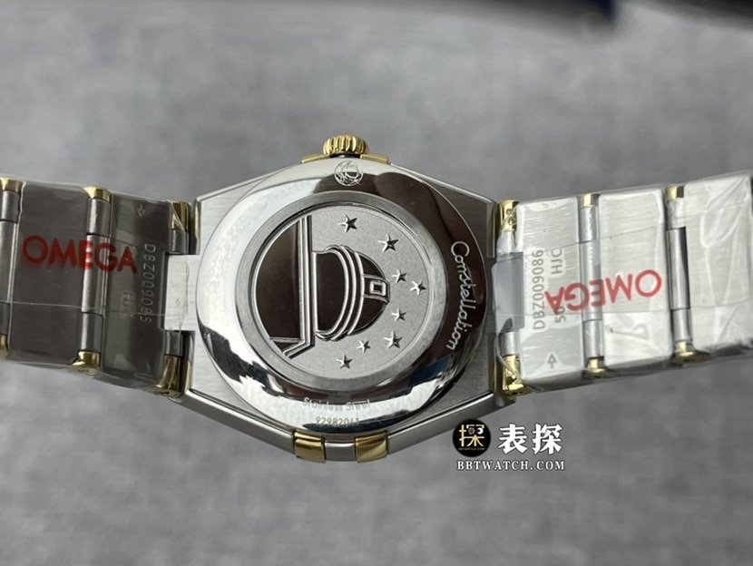3S factory Omega Constellation 1:1 top-tier replica watch women's white mother-of-pearl plate yellow gold diamond steel bracelet model pictures and prices caseback live photo