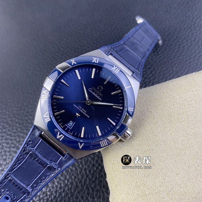 SBF factory Omega Constellation top-tier replica watch men's blue dialleather strap model pictures and prices front live photo
