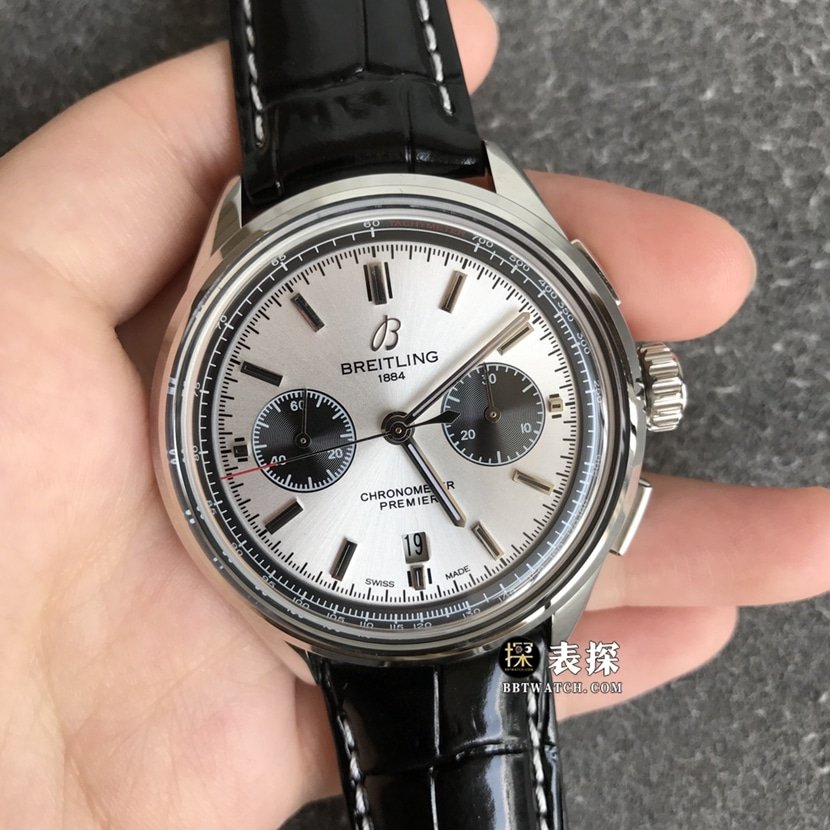 Breitling B01chronographtop-tier 1:1high-quality replica watch men's silver panda disc leather strap model pictures and prices front live photo