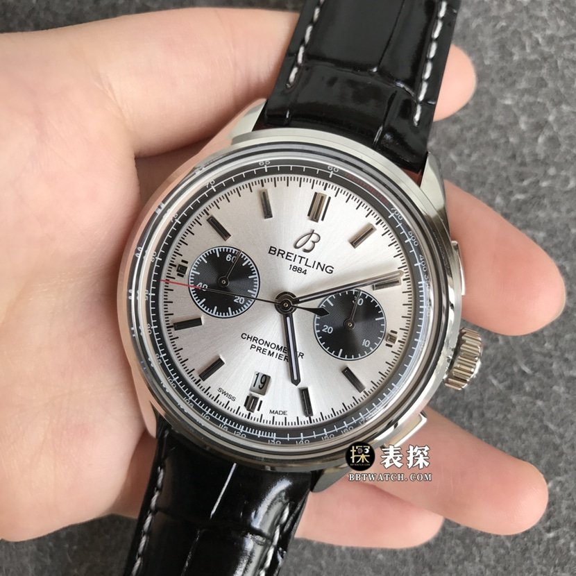 Breitling B01chronographtop-tier 1:1high-quality replica watch men's silver panda disc leather strap model pictures and prices front live photo