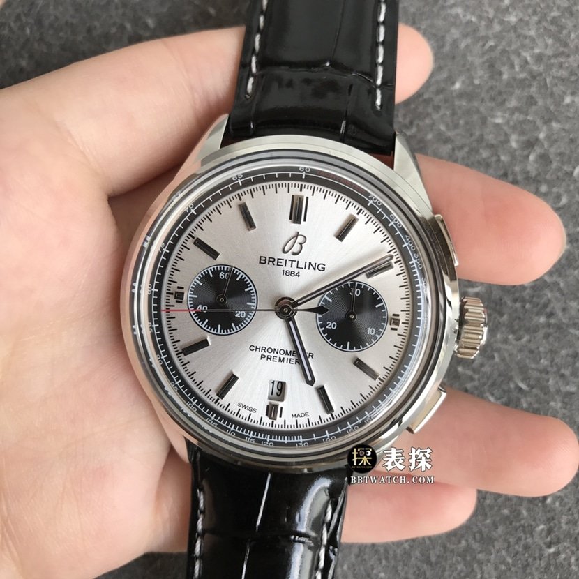 Breitling B01chronographtop-tier 1:1high-quality replica watch men's silver panda disc leather strap model pictures and prices front live photo