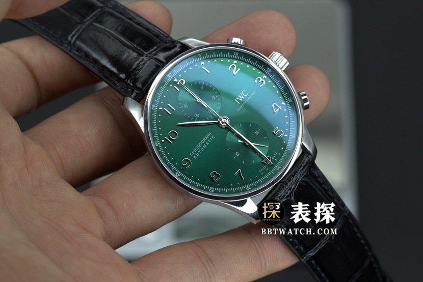 ZF FactoryIWC Portugal top-tier replica watch green dial silver needle leather strap model pictures and prices front live photo